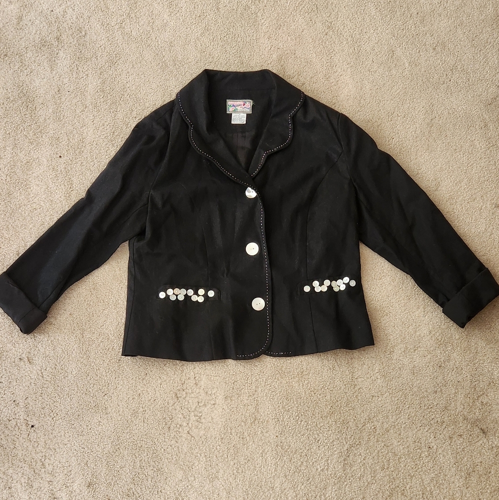 Y2K Vintage April Cornell Shells Black Linen Blazer Artsy Boho Medium
